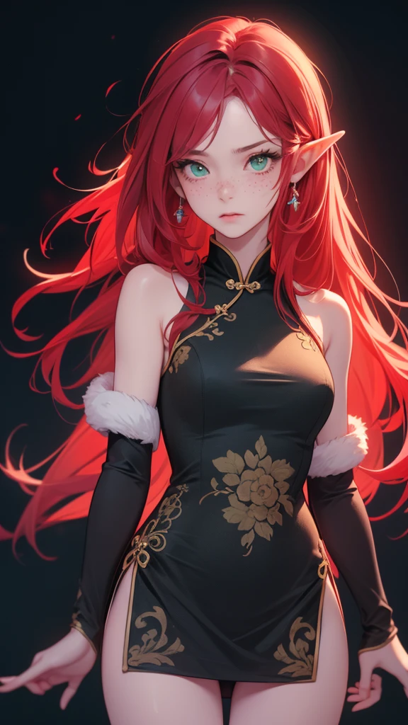 "red crimson hair" elf ears, freckles, adult  woman, sculptural body, super detailed hand, super detailed face, hyper detailed body, No defects, (emerald green eyes), focused eyes, pretty detailed eyes, pale skin, blushed face, (( wearing a long black Chinese dress)), long hair, tied up hair, serious expression, frowning eyes, partes do fully body, entire limbs, ((fully body)), gorgeous fur, high resolution, 4K, Waist slender, small foot, role model, best qualityer,  long black thigh-high stockings, good lighting, simple background, darkness background