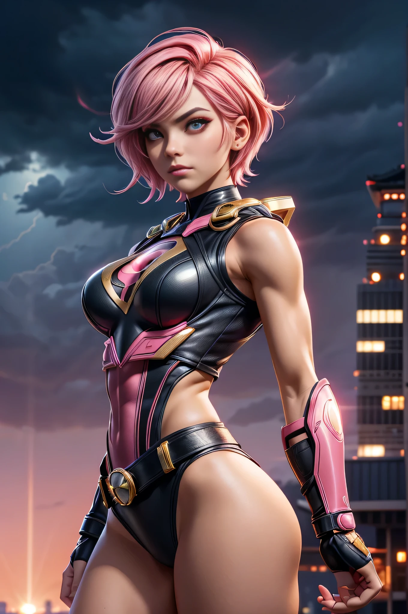 1girl, medium breasts, leotard, pink and black leotard, bare legs, tight belt, gold belt, gloves, white glove,
city backdrop, tokyo city backdrop, solo, single, hands on hip, cowboy shot, superhero, beautiful detailed eyes, 20 year old girl,
gold symbol on chest, mask, pink hair, short hair, bob hair, bright glowing pink eyes, sleeveless, perfect anatomy, masterpiece, (rear view)
superhero pose, dramatic lighting. storm clouds in sky, dramatic sky, lighting, glowing, lens flare.