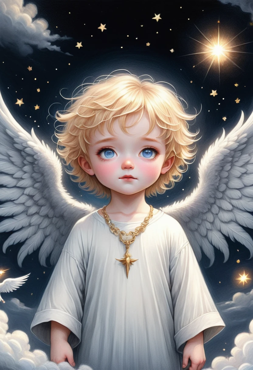 a 3 year old boy with angel wings and halo, golden hair, blue eyes, wearing jewelry, dark background, illustration, soft colors, clair obscur, Many stars，Fluffy clouds，Mediovale, extremely detailed, 8K, high quality, fallen dark angel lucifer surrounded by dark wings, black and white mobius strip, swirling white wings and dark angel, blackened, (best quality,4K,8K,highres,masterpiece:1.2),ultra-detailed,(realistic,photorealistic,photo-realistic:1.37),dramatic lighting,dramatic contrast,dark fantasy,digital painting,oil painting,cinematic