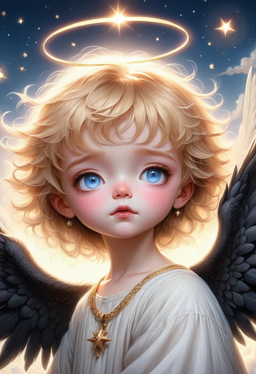 a 3  boy with angel wings and halo, golden hair, blue eyes, wearing jewelry, dark background, illustration, soft colors, clair obscur, Many stars，Fluffy clouds，Mediovale, extremely detailed, 8K, high quality, fallen dark angel lucifer surrounded by dark wings, black and white mobius strip, swirling white wings and dark angel, blackened, (best quality,4K,8K,highres,masterpiece:1.2),ultra-detailed,(realistic,photorealistic,photo-realistic:1.37),dramatic lighting,dramatic contrast,dark fantasy,digital painting,oil painting,cinematic