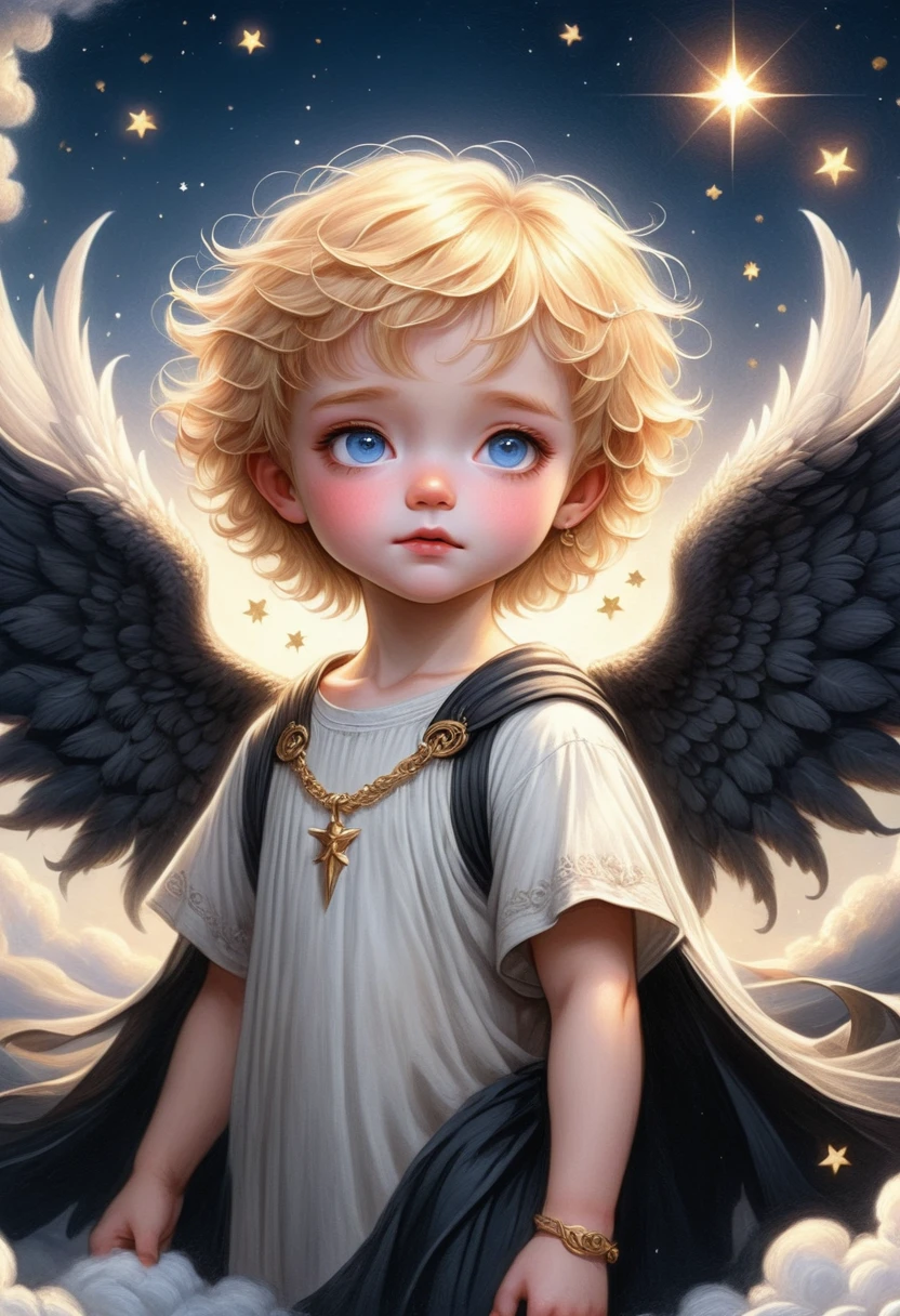 a 3 year old boy with angel wings and halo, golden hair, blue eyes, wearing jewelry, dark background, illustration, soft colors, clair obscur, Many stars，Fluffy clouds，Mediovale, extremely detailed, 8K, high quality, fallen dark angel lucifer surrounded by dark wings, black and white mobius strip, swirling white wings and dark angel, blackened, (best quality,4K,8K,highres,masterpiece:1.2),ultra-detailed,(realistic,photorealistic,photo-realistic:1.37),dramatic lighting,dramatic contrast,dark fantasy,digital painting,oil painting,cinematic