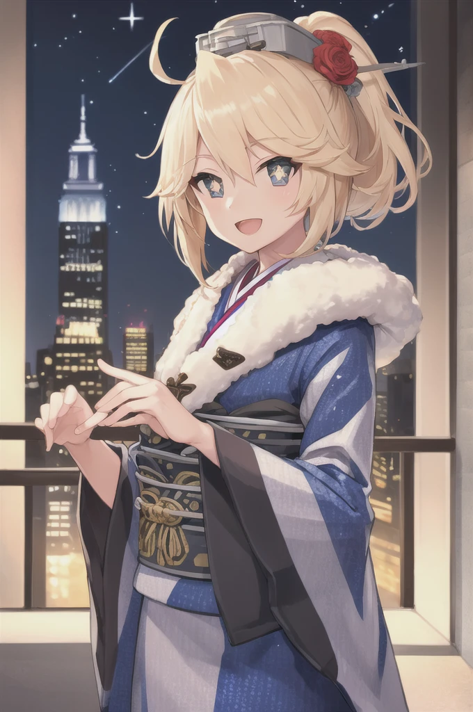 masterpiece, Highest quality, New York, Iowa, short hair, ponytail, (Star-shaped pupils:1.4), headgear, Hair Flowers, Blue kimono, Wide sleeves, Fur trim, View your viewers, Night Sky, Upper Body, hands in heart, :d