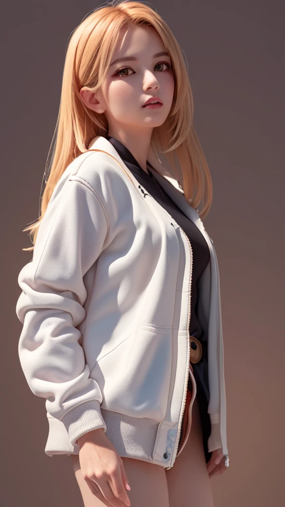 c.c., Expressionless, , (masterpiece, Highest quality, Super detailed, Best Shadow, Volumetric lighting), (Beautifully detailed face, Beautiful attention to detail), (Best lighting),, Orange eyes, Very long hair, (White straitjacket:1.4), Black belt, , (Cowboy Shot:1.3), intense angle,, mksks style, Beautiful background, Professional Lighting, Warm coloured landscape,