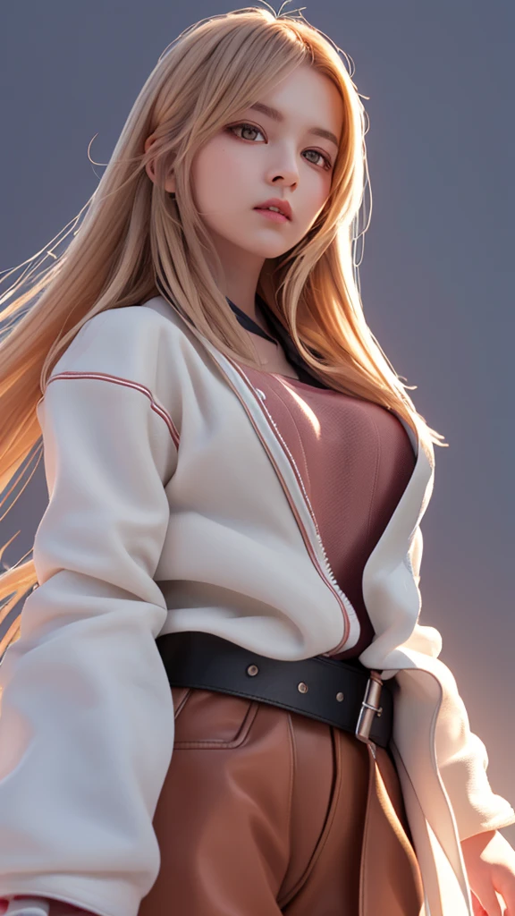 c.c., Expressionless, , (masterpiece, Highest quality, Super detailed, Best Shadow, Volumetric lighting), (Beautifully detailed face, Beautiful attention to detail), (Best lighting),, Orange eyes, Very long hair, (White straitjacket:1.4), Black belt, , (Cowboy Shot:1.3), intense angle,, mksks style, Beautiful background, Professional Lighting, Warm coloured landscape,