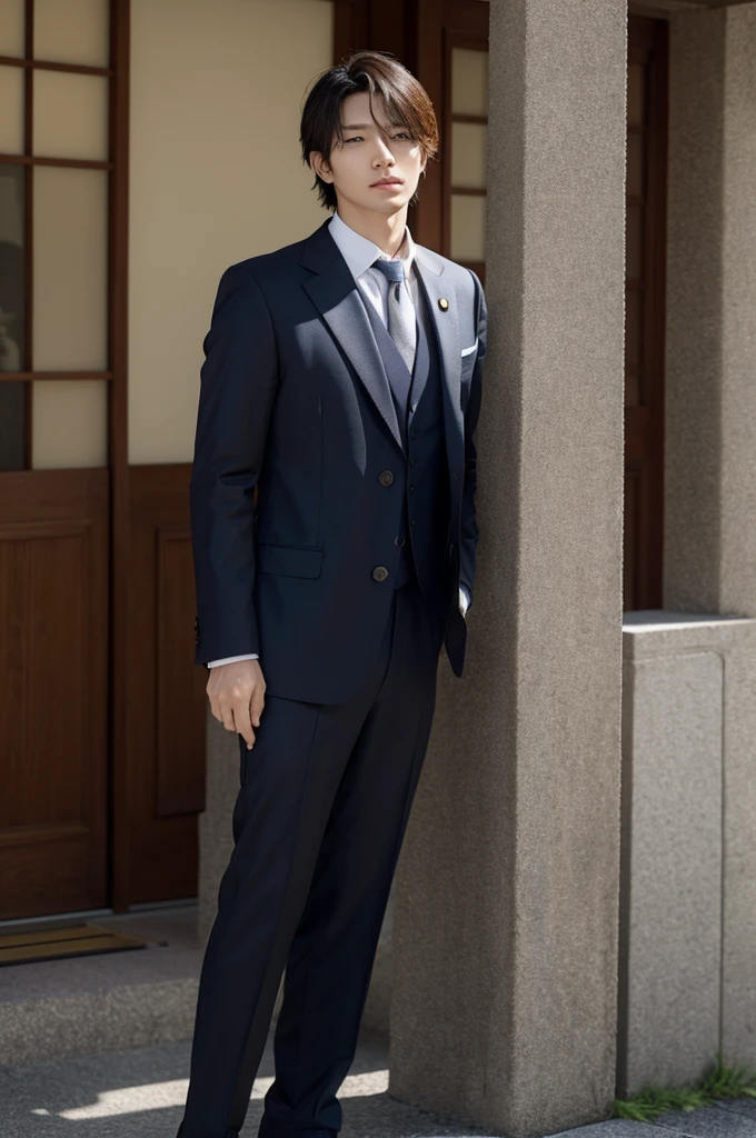 Leo A handsome man from Japan, he stands straight facing to the right