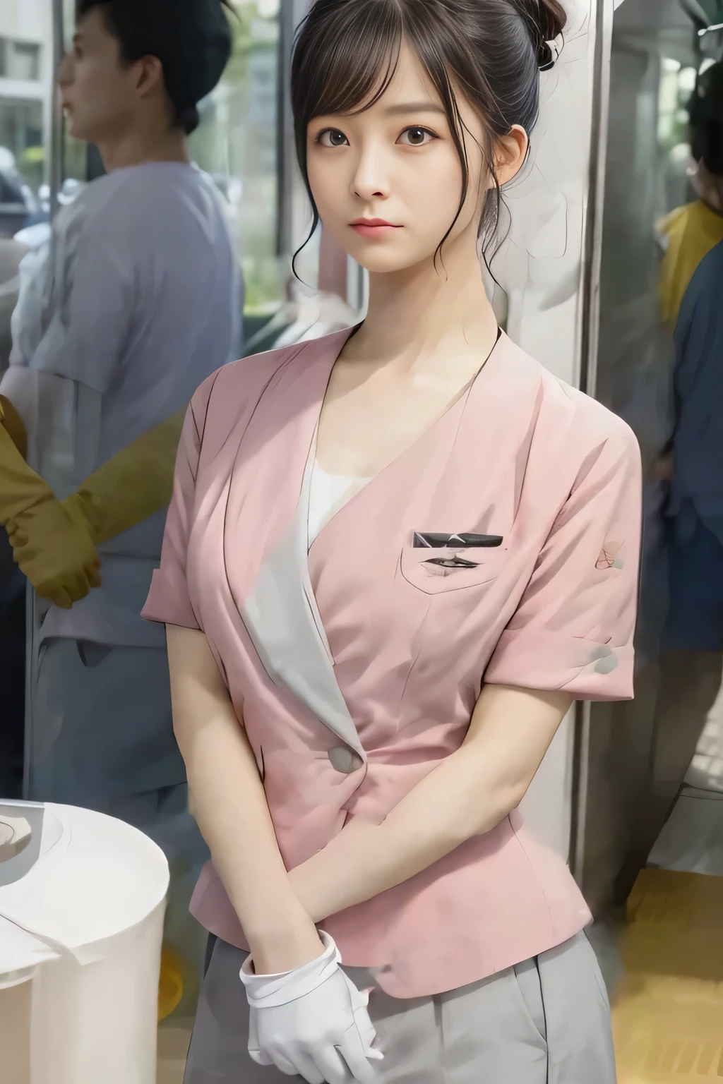 (masterpiece:1.2, Highest quality:1.2), 32k HDR, High resolution, (alone、1 girl)、(On the rooftop of a building in the daytime、Professional Lighting)、Building rooftop background、(Nankai train crew uniform pinkを着たリアルスタイル)、(Nankai train crew uniform pink short sleeve collarless pink jacket、Nankai Train Crew Uniform Pink Collarless Short Sleeve Blouse、Nankai Train Crew Uniform Pink Grey Knee-length Culottes)、((The bottom of the pink short-sleeved jacket cannot be tucked into the clay-colored culottes.))、Dark brown hair、(Hair tied up、Hair Bun、Hair Bun)、Dark brown hair、Long Shot、Big Breasts、Thin legs、((Great hands:2.0)),((Harmonious body proportions:1.5)),((Normal limbs:2.0)),((Normal finger:2.0)),((Delicate eyes:2.0)),((Normal eyes:2.0)))、(Nankai Train Crew Uniform Pink Grey Knee-length Culottesを見せた美しい立ち姿)、smile