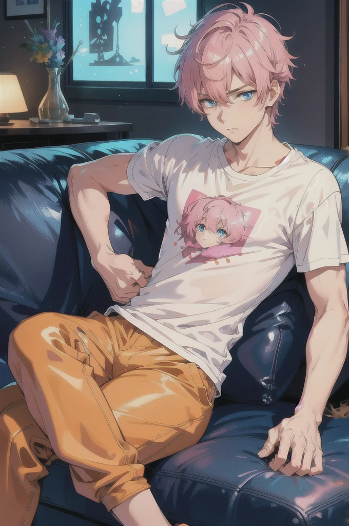HD Clear,Optimal image,Illustration quality,super detailed,Handsome ager, pink hair, blue eyes,Wearing a pastel yellow T-shirt,Sitting on a black leather sofa Room with orange light, masculine, strong