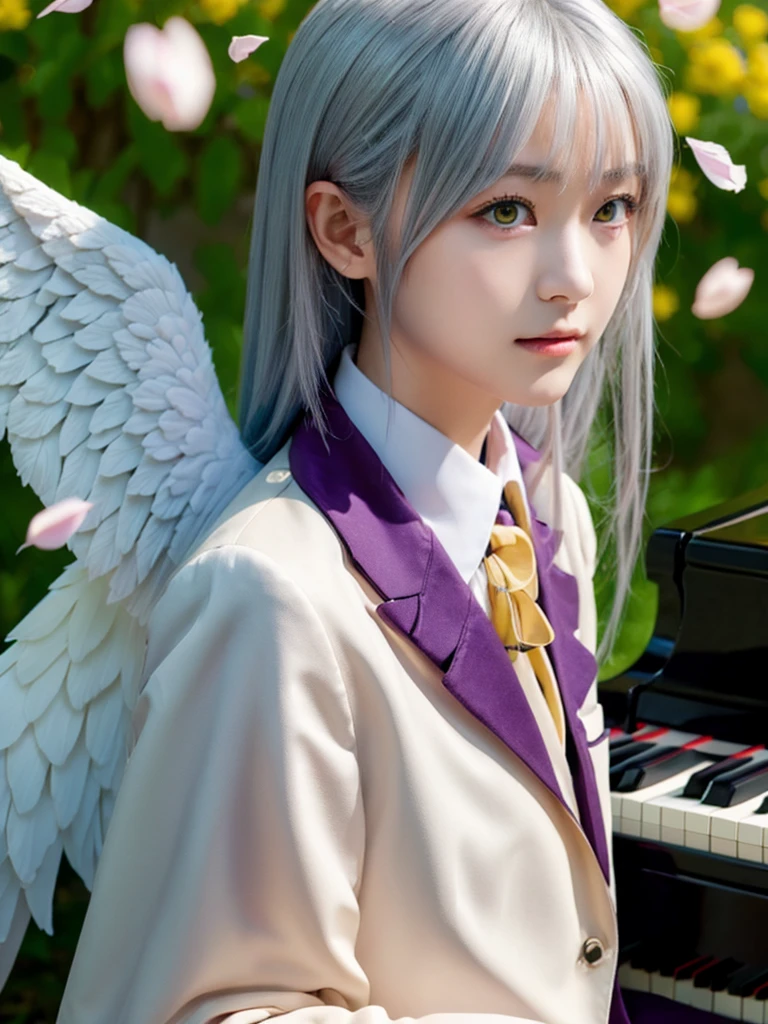 (Highest quality、4K、8K, masterpiece:1.3), Ultra detailed face, Detailed lips, Detailed eyes, double eyelid, 
BREAK, 
(extreme  close up:1.75), (from side:1.25),
BREAK,
1girl, 18 years old, short height, tachibana kanade, silver hair, short height, 
BREAK
(yellow eyes), white hair, long hair, bangs, hair pulled back,
BREAK,
looking at viewer, ((playing piano)),
photo background, photo inset, dusk, outdoors, spring, wind, falling petals, sunlight, skyline, 
BREAK
schooluniform, jacket, blazer, long sleeves, neck ribbon, gem, necklace, pleated skirt, kneehighs, loafers,
(((Angel wings spread wide on the back))),
