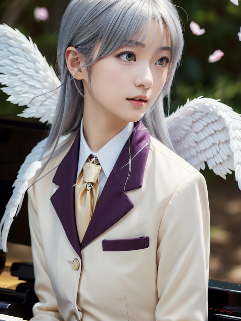 (Highest quality、4K、8K, masterpiece:1.3), Ultra detailed face, Detailed lips, Detailed eyes, double eyelid, 
BREAK, 
(extreme  close up:1.75), (from side:1.25),
BREAK,
1girl, 18 years old, short height, tachibana kanade, silver hair, short height, 
BREAK
(yellow eyes), white hair, long hair, bangs, hair pulled back,
BREAK,
looking at viewer, ((playing piano)),
photo background, photo inset, dusk, outdoors, spring, wind, falling petals, sunlight, skyline, 
BREAK
schooluniform, jacket, blazer, long sleeves, neck ribbon, gem, necklace, pleated skirt, kneehighs, loafers,
(((Angel wings spread wide on the back))),
