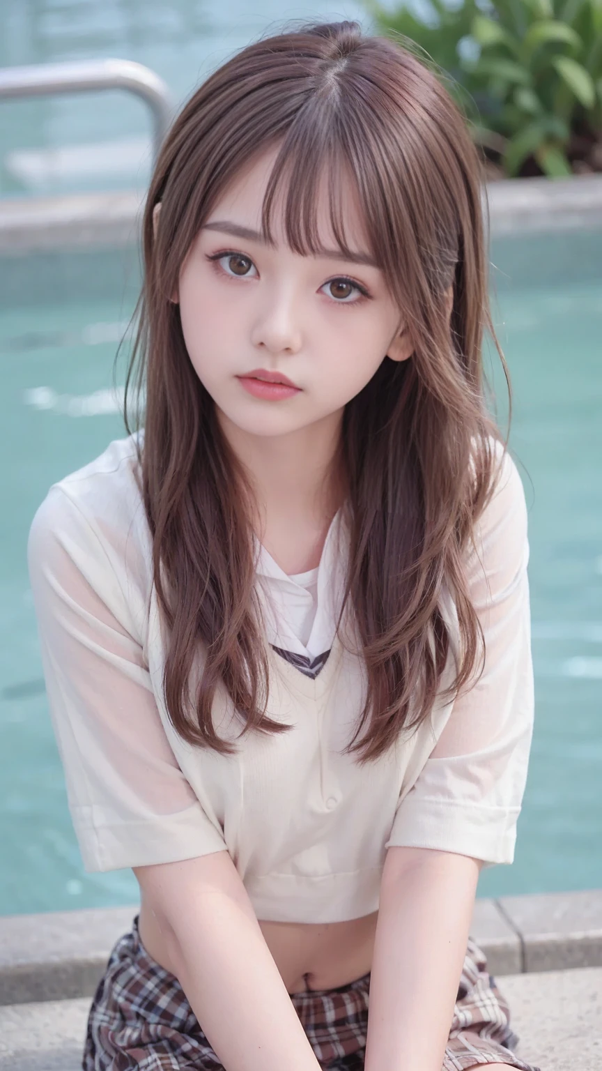 one girl, (a beauty girl, delicate girl:1.3), (:1.3),(school uniform:1.1), navel,(summer poolside:1.1),very fine eyes, (symmetrical eyes:1.3), brown eyes, parted bangs, brown hair,(eyes and faces with detailed:1.0),
BREAK, (masterpiece, best quality, ultra detailed, detailed face, 8K)