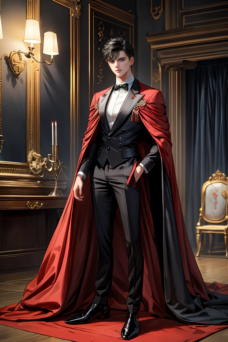 masterpiece, 最high quality, high quality, 1 boy, alone, Male focus, Watching the audience, Messy black hair, Adorable big blue eyes, White people, Noble, Noble,Sexy voluminous black and red cape、Tuxedo、A very voluminous, large, very large, very large, long, long red and black cape with a high stand-up collar, reaching down to the floor, made of a lot of fabric., 17 years old,Cute beautiful boys,Cute, cute, kind, handsome guy