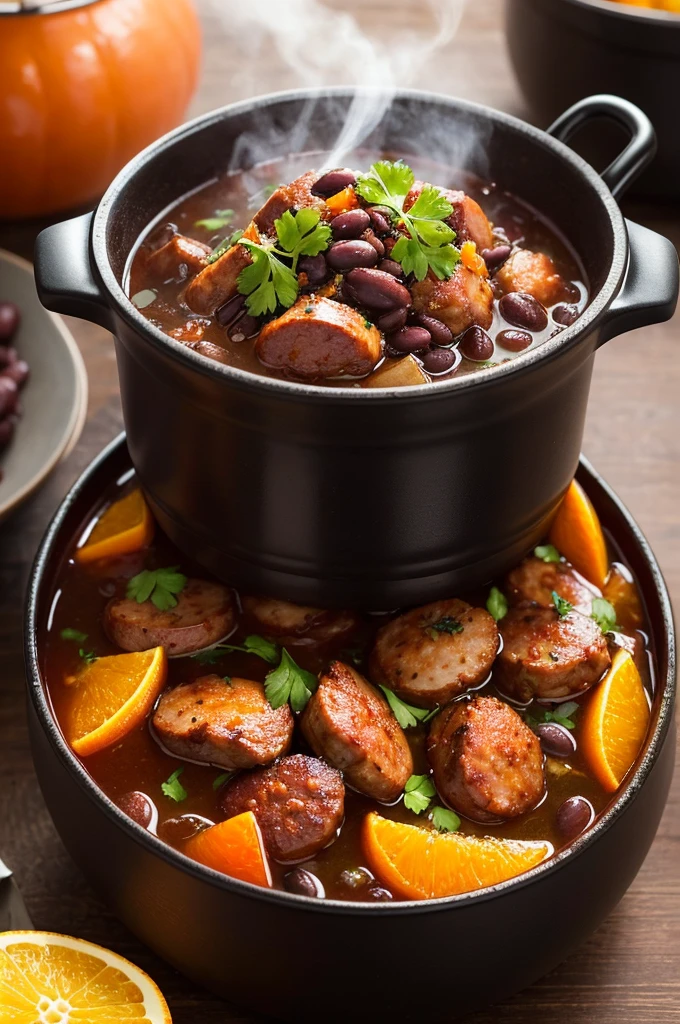 "A steaming pot of feijoada, filled to the brim with rich black beans, tender cuts of pork, and savory sausage, garnished with fresh orange slices and a sprinkle of parsley. The beautiful ceramic pot enhances the vibrant colors and inviting aroma, making it a feast for the eyes as well as the palate."