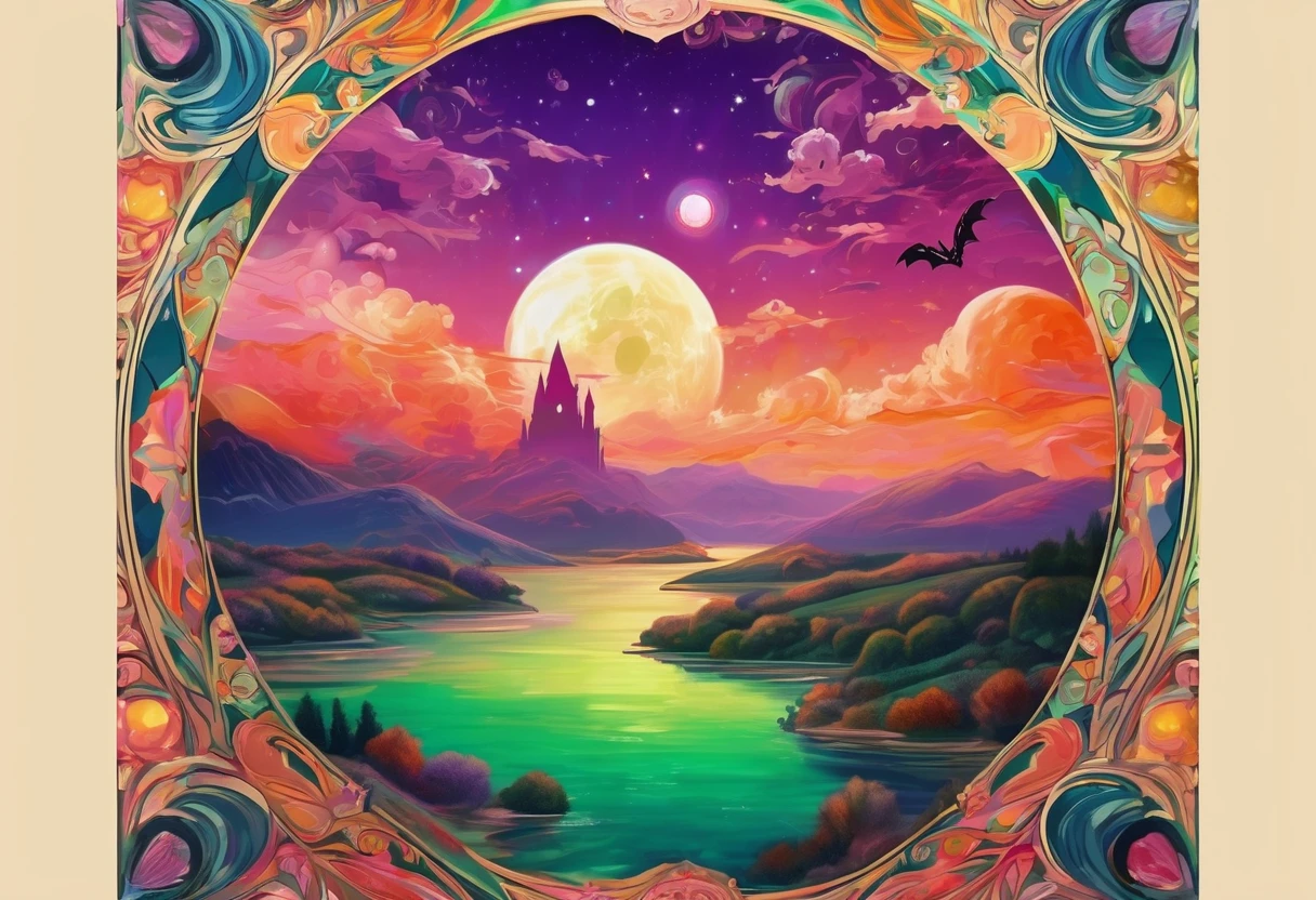 Halloween theme, Beautiful majestic river landscape, Nebulae and starry sky, Thinking expansion, Optical Art, Art Nouveau, Psychedelic Art, kaleidoscope, bright, green, pink, purple, Orange sum, Golden Ratio, False Information, pixiv fan box trend, Acrylic Palette Knife, Studio Shinkai&#39;s Ghibli Genshin Impacted James Gillie (James Gillierd) Style by Greg Rutkowski (Greg Rutkowski) Qingdao Chiho