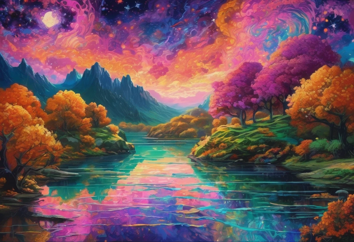 Halloween theme, Beautiful majestic river landscape, Nebulae and starry sky, Thinking expansion, Optical Art, Art Nouveau, Psychedelic Art, kaleidoscope, bright, green, pink, purple, Orange sum, Golden Ratio, False Information, pixiv fan box trend, Acrylic Palette Knife, Studio Shinkai's Ghibli Genshin Impacted James Gillie (James Gillierd) Style by Greg Rutkowski (Greg Rutkowski) Qingdao Chiho