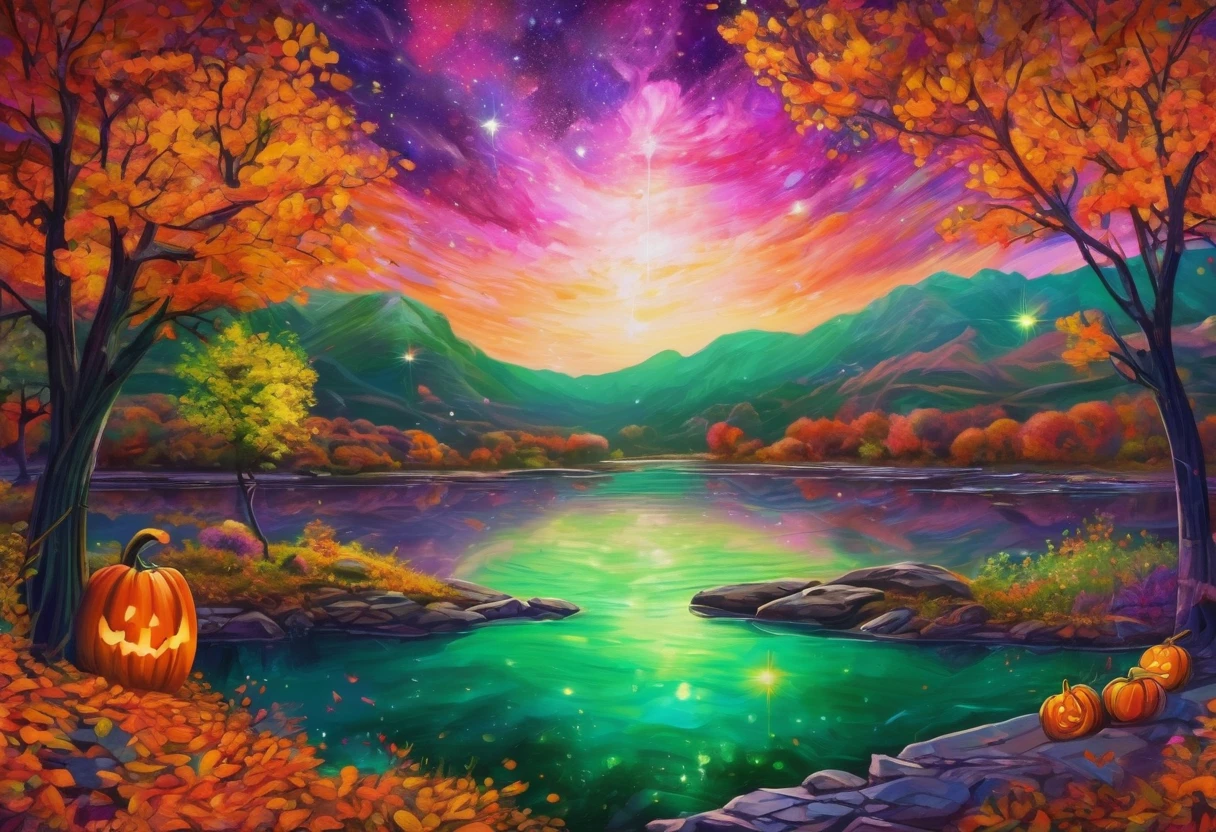Halloween theme, Beautiful majestic river landscape, Nebulae and starry sky, Thinking expansion, Optical Art, Art Nouveau, Psychedelic Art, kaleidoscope, bright, green, pink, purple, Orange sum, Golden Ratio, False Information, pixiv fan box trend, Acrylic Palette Knife, Studio Shinkai&#39;s Ghibli Genshin Impacted James Gillie (James Gillierd) Style by Greg Rutkowski (Greg Rutkowski) Qingdao Chiho