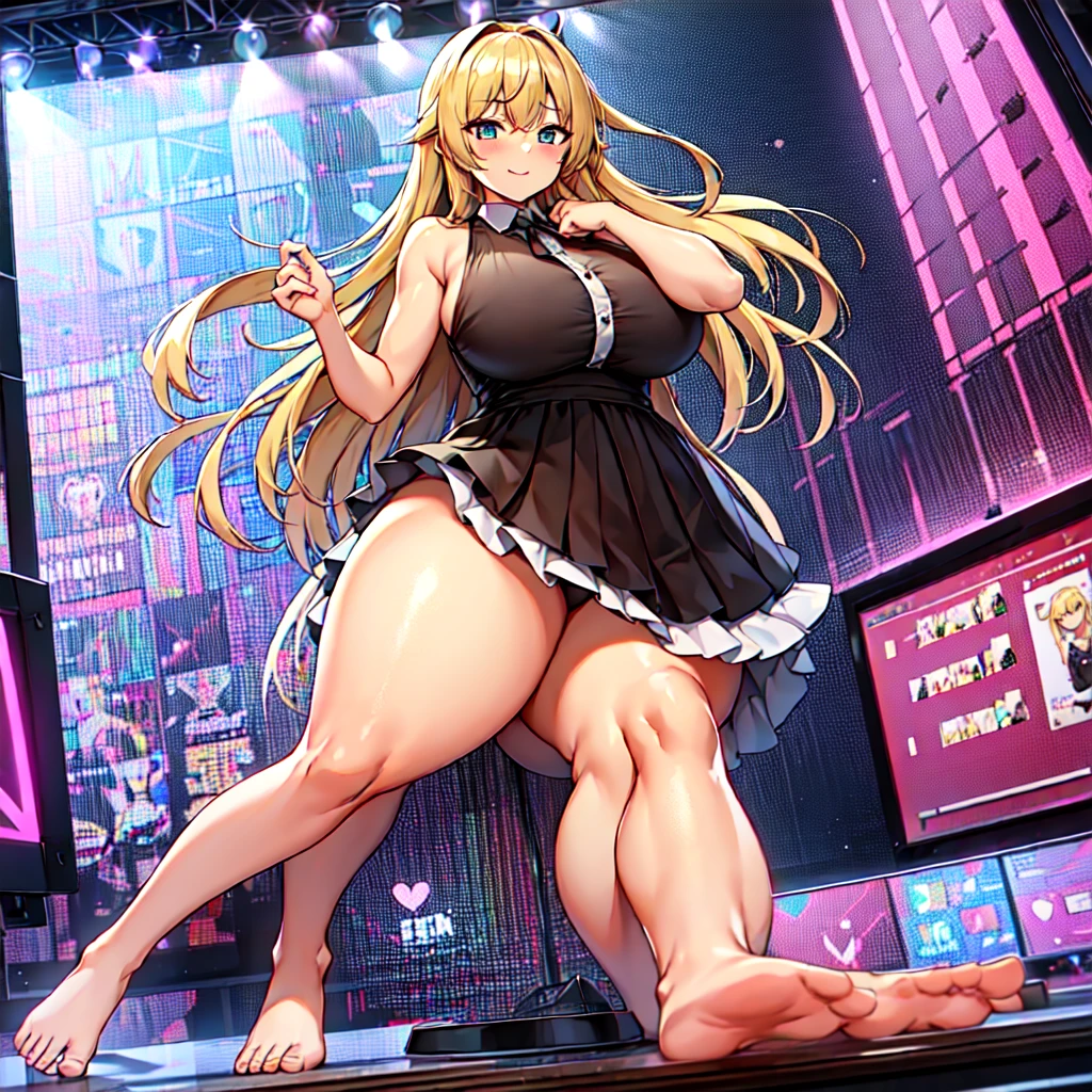 wariza,sitting,{full body},looking down,from below,{upskirt},dynamic angle, dynamic cut,naughty smile,macrophilia,{white wings},{angel},{very muscular},{very muscle},{very curvy},{very big woman},{very gigantic woman},{very tall woman},{very long legs},{very gigantic breasts},{very big breasts},{two side up},blonde hair,barefoot,cute dress shirt frills ribbon split corset skirt,best quality,solo,white background