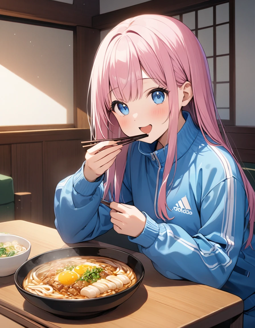 (8K, best quality, master piece: 1.2), super high resolution,1 cute girl,,solo,ultra-detailed face,detailed eyes,blue eyes,happy,Lily Pink hair,Straight hair,Long hair,Tracksuits,seiza at a table,perfect hands, perfect fingers,holding chopsticks,eating udon in a bowl,(kotatsu:1.1),indoors,table,(under kotatsu:1.2)
