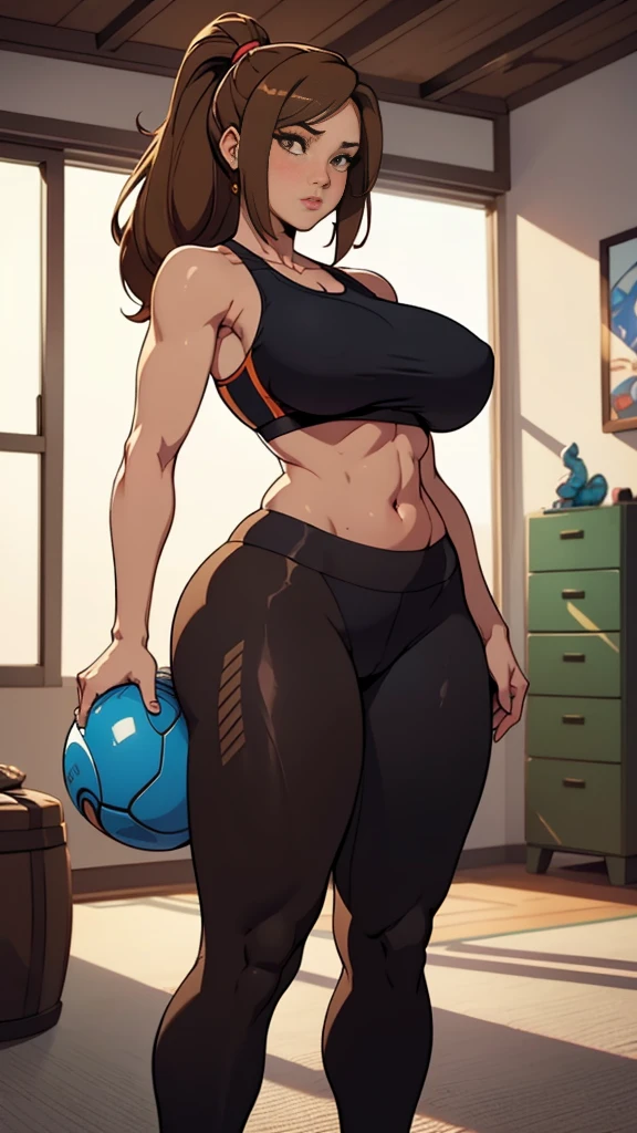 extremely delicate and beautiful, Amazing, finely detail, masterpiece, ultra-detailed, highres,best illustration, best shadow,intricate,sharp focus, high quality, woman, 28yrs, (Samus Aran), Samus, Samus from metroid, solo, long brown hair, curvy, milf, big beasts, huge beasts, (giant breasts), sexy body, genshin impact, sports bra, yoga pants, cutesexyrobutts style