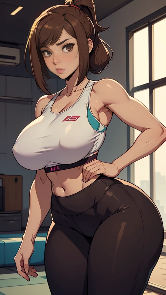 extremely delicate and beautiful, Amazing, finely detail, masterpiece, ultra-detailed, highres,best illustration, best shadow,intricate,sharp focus, high quality, woman, 28yrs, (Samus Aran), Samus, Samus from metroid, solo, long brown hair, curvy, , big beasts, huge beasts, (giant breaexy body, shin impact, sports bra, yoga pants, cutesexyrobutts style