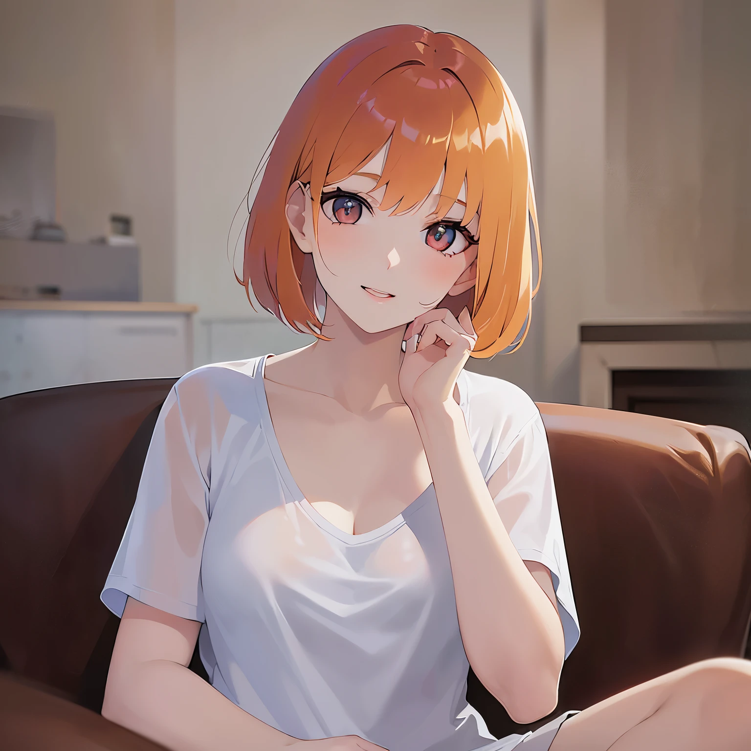 Upper Body, Realistic, real person, (pale skin: 1.2), RAW photo, photorealistic, shiny skin, shiny hair、(A 25-year-old woman with a bob cut and bangs) and (orange hair) and (Orange Eyes) smile、Wearing a white V-neck T-shirt 、 The background is the living room、Alone,covering mouth with hand