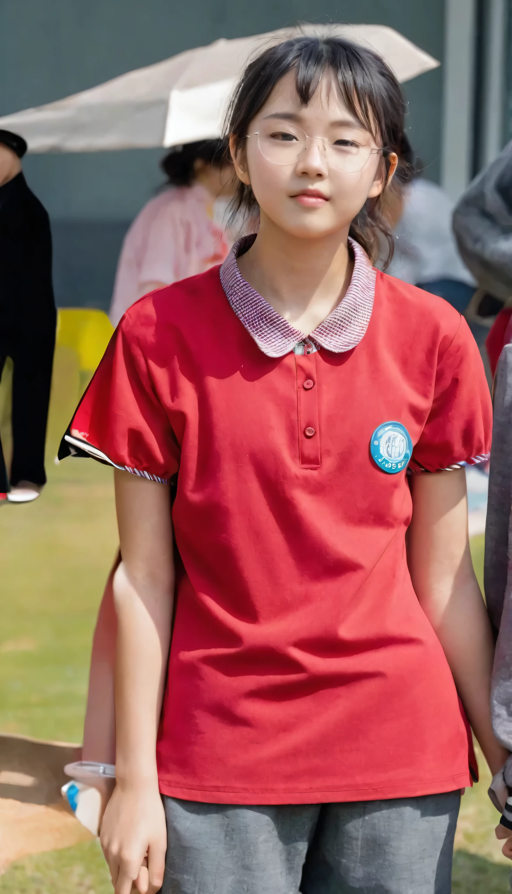 there is a young Girls stand in a field with a frisbee, Girl in uniform, Wearing a polo shirt, red, Wearing school uniform, red shirt, wearing Japanese school uniforms, Wearing Captain Red, Wearing school uniform, Japanese school uniforms, , Wearing red clothes, Wearing school football uniform, Chinese Girl, Young Asian Girl, Girls stand，A little fatter，The face does not change