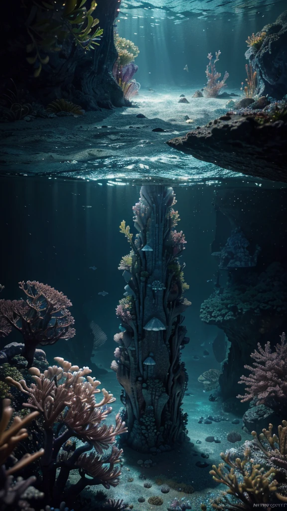 ((perspective)) microscopic world, vista, underwater fantasy,((masterpiece)), best quality, high quality, ((extremely detailed CG unity 8k wallpaper)),(fantasy), complex background, underwater fantasy world, fish school, Glowing jellyfish, colorful, (abyss)), staggered stone platforms in the abyss, glowing undersea plants, 3D digital painting, award winning photography, bokeh, depth of field, HDR, chromatic aberration, photorealistic, extremely detailed, artstation Trends on CGsociety, Intricate, High Detail, dramatic, art by midjourney, --v 6
