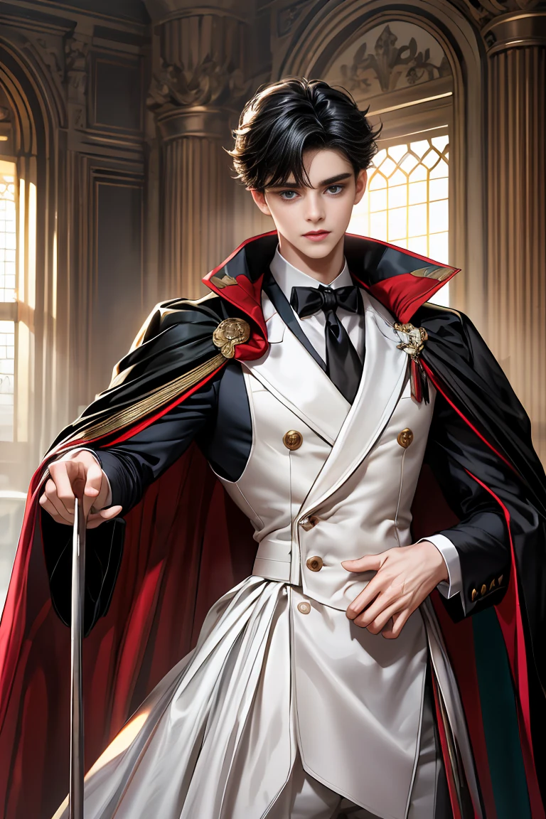 masterpiece, 最high quality, high quality, 1 boy, alone, Male focus, Watching the audience, Messy black hair, Adorable big blue eyes, White people, Noble, Noble,Sexy voluminous black and red cape、Tuxedo、A very voluminous, large, very large, very large, long, long red and black cape with a high stand-up collar, reaching down to the floor, made of a lot of fabric., 17 years old,Cute beautiful boys,Cute, cute, kind, handsome guy