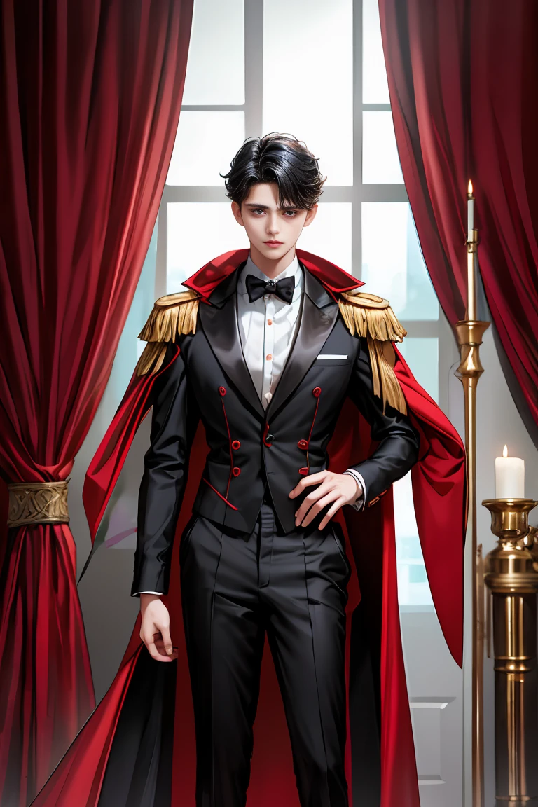 masterpiece, 最high quality, high quality, 1 boy, alone, Male focus, Watching the audience, Messy black hair, Adorable big blue eyes, White people, Noble, Noble,Sexy voluminous black and red cape、Tuxedo、A very voluminous, large, very large, very large, long, long red and black cape with a high stand-up collar, reaching down to the floor, made of a lot of fabric., 17 years old,Cute beautiful boys,Cute, cute, kind, handsome guy