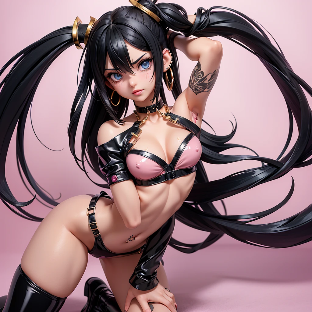 ((1 girl, long messy black hair, blue colored eyes, (((face flushed and very horny))) , standing on all fours , (wide leather choker) muscular female, gold bracelets, ruby earrings)), fitness, ((standing alone)), (red lipgloss stick), extremely detaild, soft ambient lighting, 4K, perfects eyes, a perfect face, ((very detailed hands and arms)) (perfect lighting),View from behind ((metalhead mulher)), Punk Girl, (((piercing))) tears in the eyes ((pink micro blouse with chains and sensual neckline)), 18-years old (((well-defined medium breasts))) strapless latex micro baby doll, pretentious smile, ((shapely and well-defined legs)) mine Transparent black leather jacket open with points and long sleeves with the shoulders showing, open tummy, latex micro panties with chain straps marking her small pussy swollen with lust, well designed and well defined, suspender style chain belt, high qualiy, 4K, High definition, bom detalhe, ((sexy tattoo)) ((medium bust,)) extremely sexy (((medium glossy lips))) long black transparent socks (fully body) ( fiel ao prompt)  rear focus, Back, bent forward with hands on the floor, Looking back,