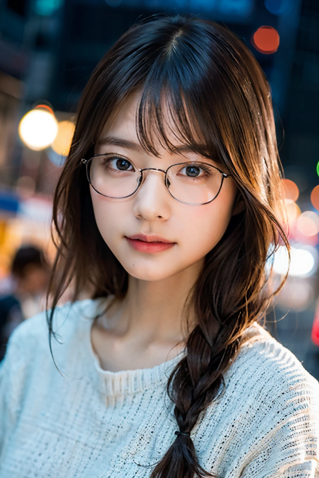 (8K、Raw photo、Highest quality、masterpiece:1.2)、(Realistic、Photorealistic:1.37)、Ultra-detailed、Ultra-high resolution、1 girl、Seeing the viewer、Beautifully detailed face、Laughter、narrow、(Slim waist) :1.3)、White summer clothes、Beautifully detailed skin、Skin Texture、Floating Hair、Braided hair、Professional Lighting、Downtown at night、((Black square glasses )) 、Human whole body、Brown Hair