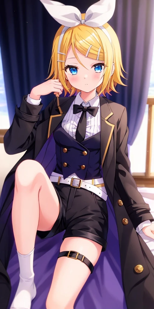one girl, Kagamine Rin, cool, blue eyes, butler costume, black short pants, cross dressing, coat, leg belt, fascinating thighs