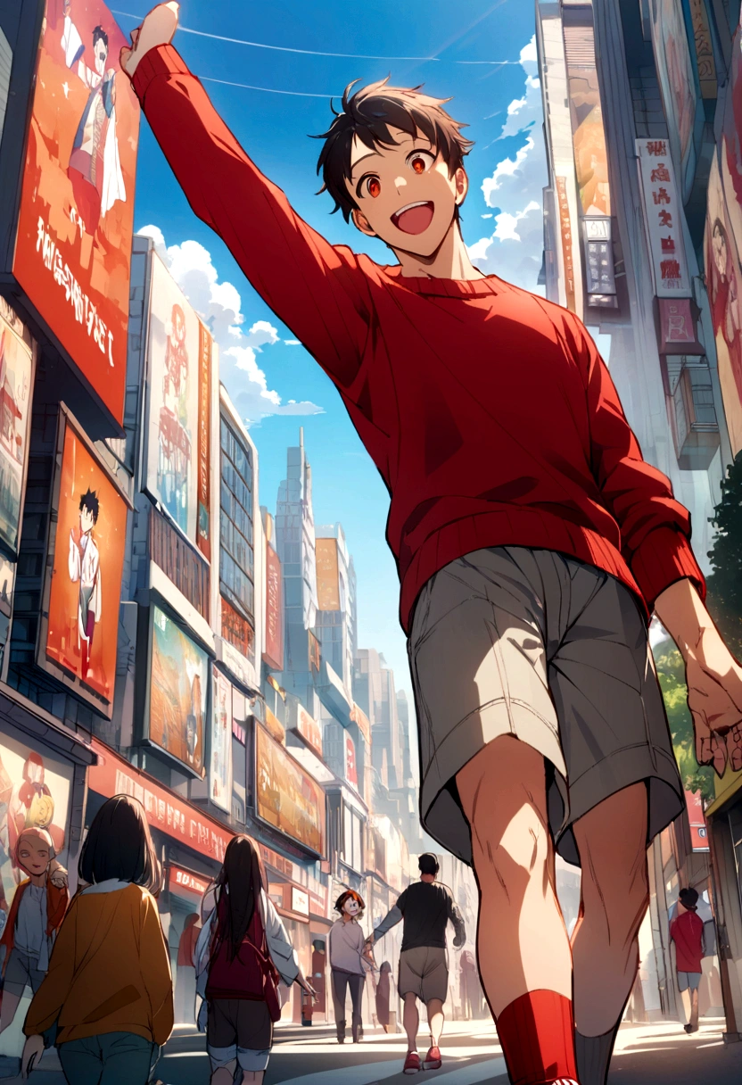 Create an anime-style illustration of a cheerful young man in a bustling cityscape. The perspective should be from a low angle, making the subject appear towering and dynamic. The boy is wearing a bright red sweater, gray shorts, and red sneakers. He has a happy expression, with his arm raised in excitement. The background features tall buildings with billboards and advertisements, resembling a vibrant urban setting. The sky is clear with a few clouds, adding to the lively atmosphere.