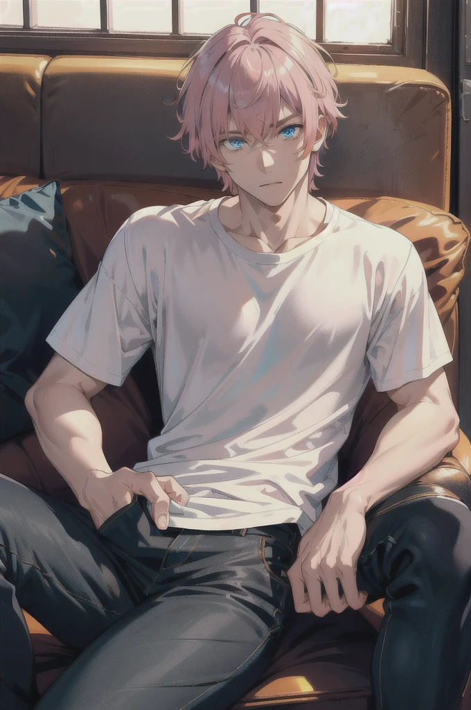 HD Clear,Optimal image,Illustration quality,super detailed,Handsome teenager, pink hair, blue eyes,Wearing a pastel yellow T-shirt,Sitting on a black leather sofa Room with orange light, masculine, strong
