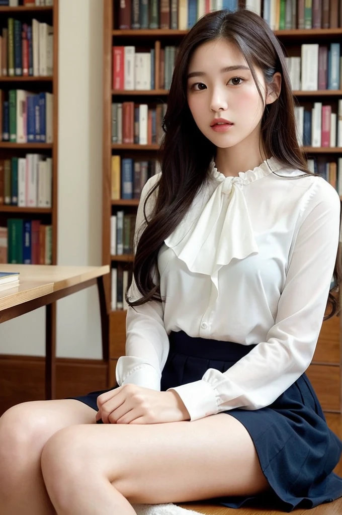 プロンプトマージ
Capture the serene beauty of a young woman immersed in the peaceful ambiance of a library. The soft, diffused lighting gently illuminates her features, highlighting her delicate expressions and creating an atmosphere of tranquility. The library's shelves filled with books provide a backdrop of knowledge and wisdom. Focus on capturing the model's natural charm and elegance, preserving the essence of a serene and introspective moment. A lovely 21-year-old Japanese gravure model with soft, wavy, ash-brown hair adorned with a ribbon, captivates with a mesmerizing expression. She is wearing a white blouse with frills, a blue skirt with frills, and white ankle socks with frills. Sitting on the bed, she embraces her knees while gazing towards the camera, exuding a melancholic allure. Create a scene where beauty and transience intertwine.