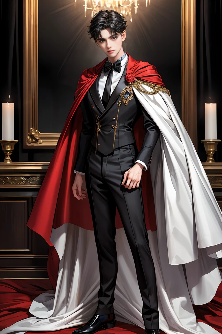masterpiece, 最high quality, high quality, 1 boy, alone, Male focus, Watching the audience, Messy black hair, Adorable big blue eyes, White people, Noble, Noble,Sexy voluminous black and red cape、Tuxedo、A very voluminous, large, very large, very large, long, long red and black cape with a high stand-up collar, reaching down to the floor, made of a lot of fabric., 17 years old,Cute beautiful boys,Cute, cute, kind, handsome guy