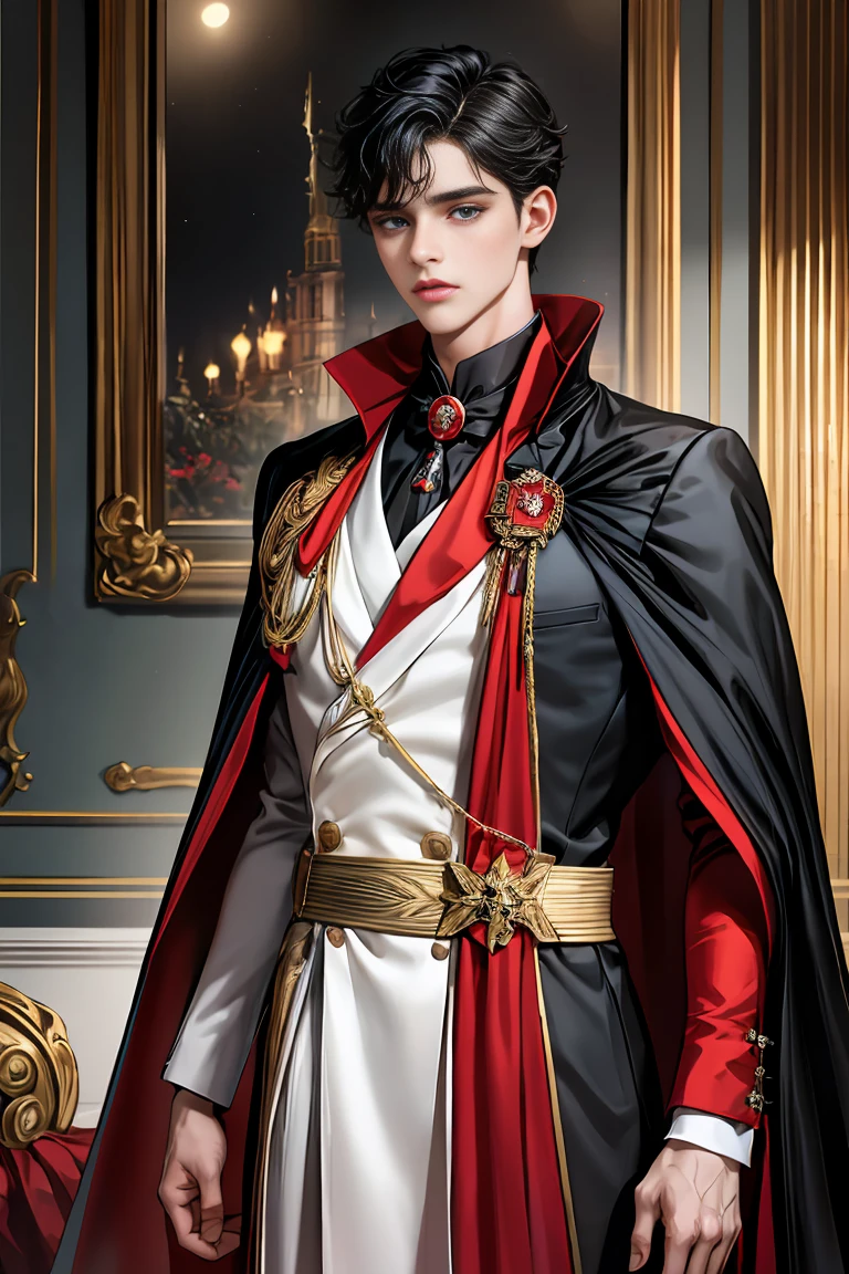 
masterpiece, 最high quality, high quality, 1 boy, alone, Male focus, Watching the audience,  Messy black hair, Adorable big blue eyes, White people, Noble, Noble,Sexy voluminous black and red cape、Tuxedo、A very voluminous, large, very large, very large, long, long red and black cape with a high stand-up collar, reaching down to the floor, made of a lot of fabric., 17 years old,Cute beautiful boys,Cute, cute, kind, handsome guy