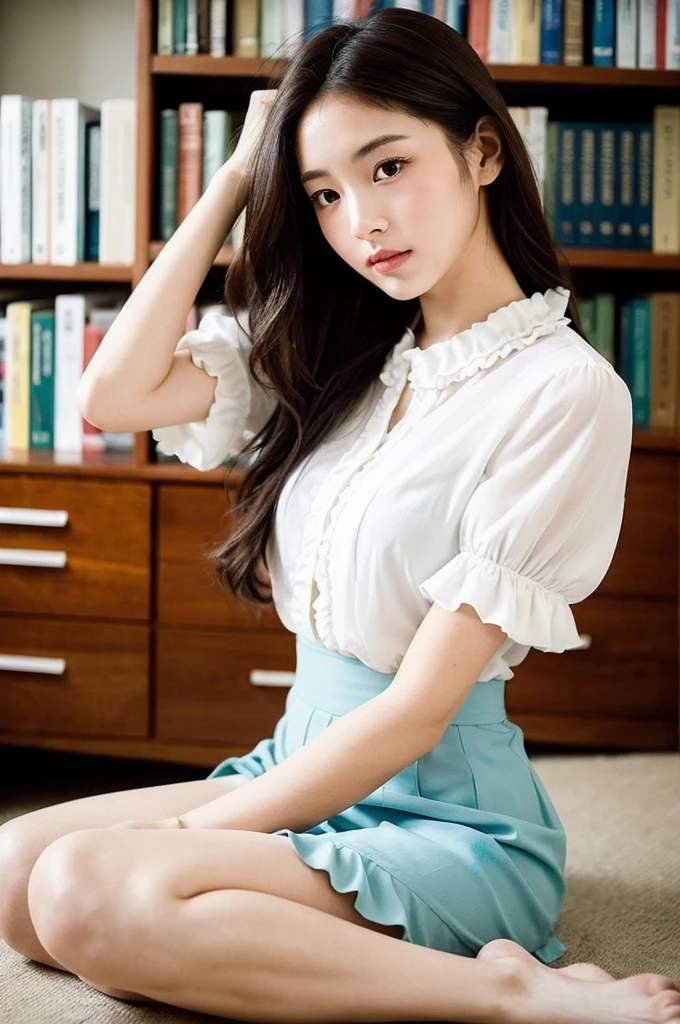 プロンプトマージ

Capture the serene beauty of a young woman immersed in the peaceful ambiance of a library. The soft, diffused lighting gently illuminates her features, highlighting her delicate expressions and creating an atmosphere of tranquility. The library's shelves filled with books provide a backdrop of knowledge and wisdom. Focus on capturing the model's natural charm and elegance, preserving the essence of a serene and introspective moment. A lovely 21-year-old Japanese gravure model with soft, wavy, ash-brown hair adorned with a ribbon, captivates with a mesmerizing expression. She is wearing a white blouse with frills, a blue skirt with frills, and white ankle socks with frills. Sitting on the bed, she embraces her knees while gazing towards the camera, exuding a melancholic allure. Create a scene where beauty and transience intertwine.