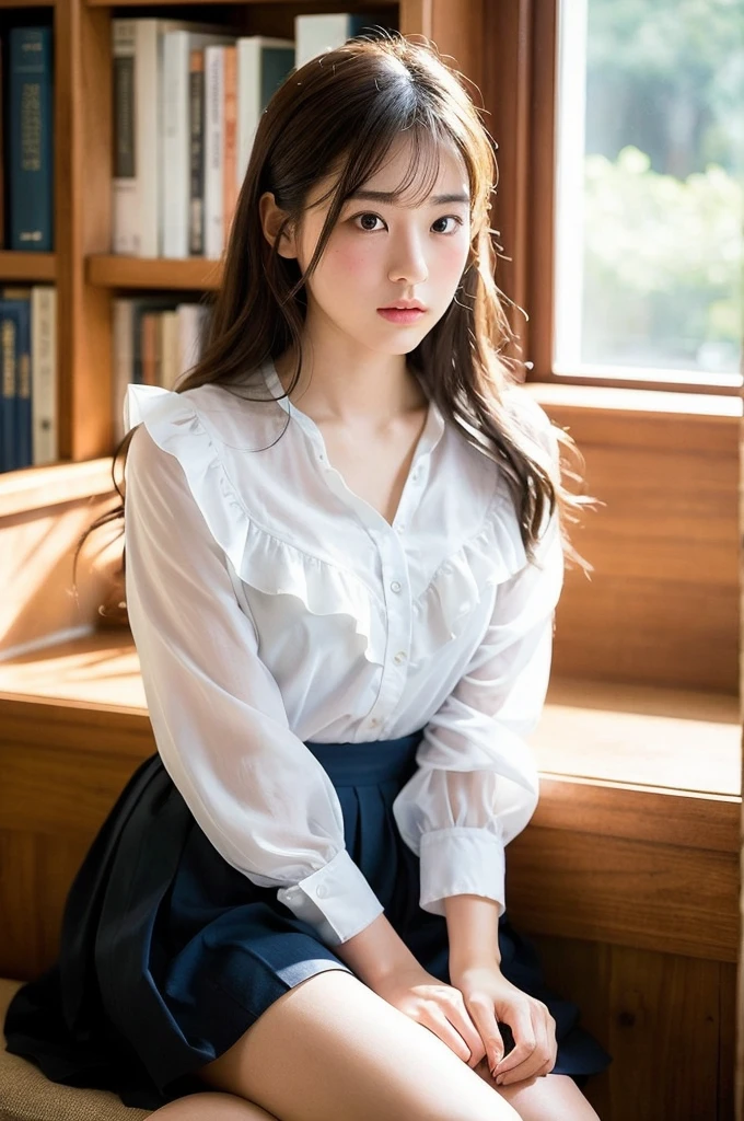 プロンプトマージ
Capture the serene beauty of a young woman immersed in the peaceful ambiance of a library. The soft, diffused lighting gently illuminates her features, highlighting her delicate expressions and creating an atmosphere of tranquility. The library's shelves filled with books provide a backdrop of knowledge and wisdom. Focus on capturing the model's natural charm and elegance, preserving the essence of a serene and introspective moment. A lovely 21-year-old Japanese gravure model with soft, wavy, ash-brown hair adorned with a ribbon, captivates with a mesmerizing expression. She is wearing a white blouse with frills, a blue skirt with frills, and white ankle socks with frills. Sitting on the bed, she embraces her knees while gazing towards the camera, exuding a melancholic allure. Create a scene where beauty and transience intertwine.