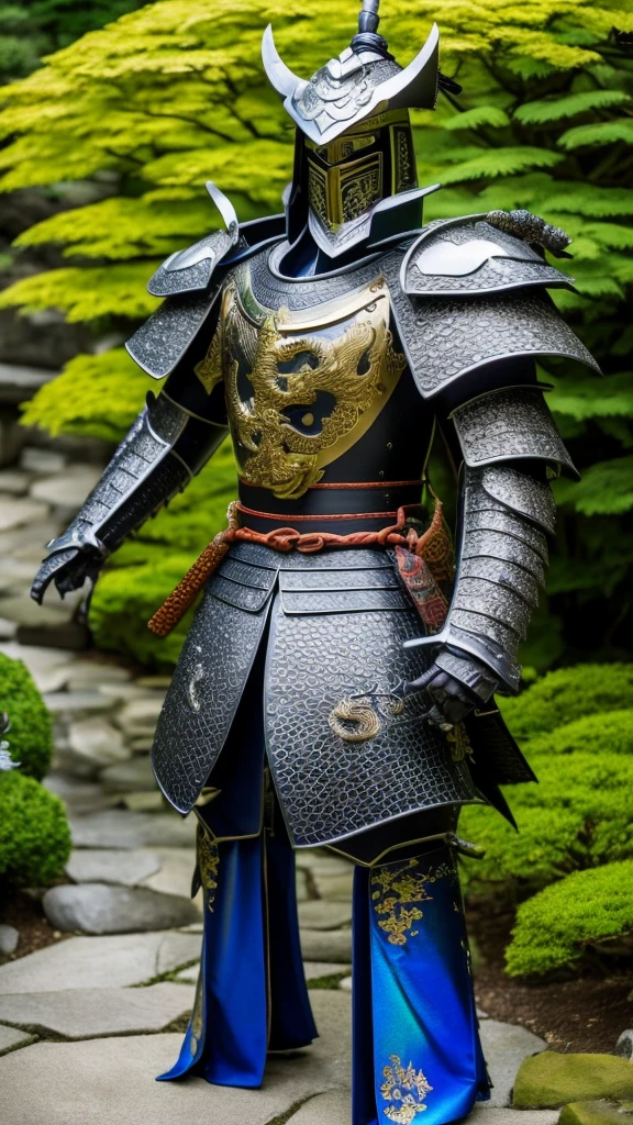 humanoid samurai dragon with iridescent scales, standing proudly in a traditional Japanese garden. The dragon is wearing a full set of samurai armor, including a helmet, breastplate, and greaves. It is wielding a katana in one hand and a shield in the other. The dragon's expression is fierce and determined, and its eyes are glowing with an inner fire. The garden is lush and green, with a variety of plants and flowers in bloom. A small stream flows through the garden, and a koi pond can be seen in the distance. The sun is shining brightly, and the sky is a clear blue.
--aspect 3:2
--width 1000
--height 1500
--quality high