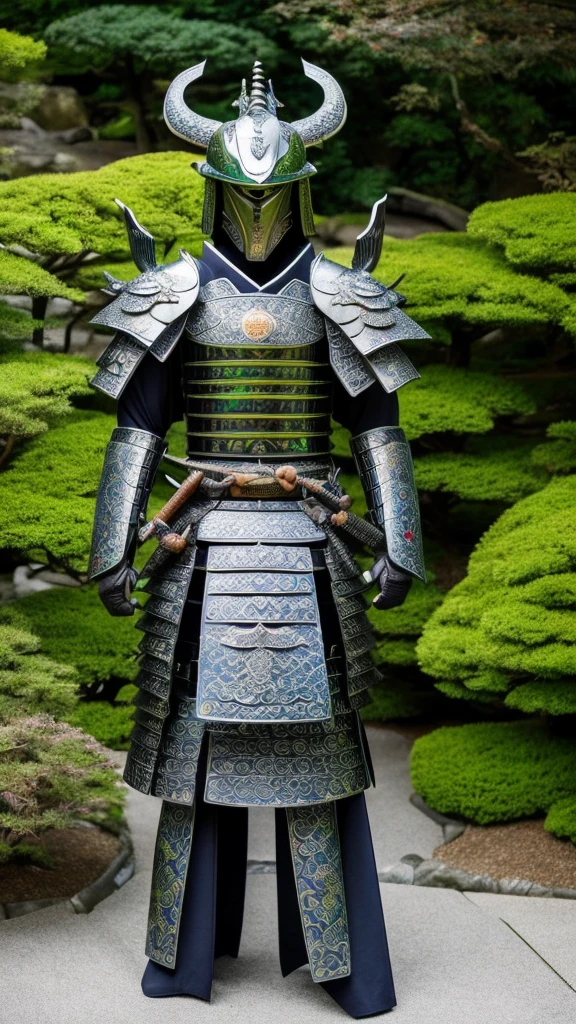 humanoid samurai dragon with iridescent scales, standing proudly in a traditional Japanese garden. The dragon is wearing a full set of samurai armor, including a helmet, breastplate, and greaves. It is wielding a katana in one hand and a shield in the other. The dragon's expression is fierce and determined, and its eyes are glowing with an inner fire. The garden is lush and green, with a variety of plants and flowers in bloom. A small stream flows through the garden, and a koi pond can be seen in the distance. The sun is shining brightly, and the sky is a clear blue.
--aspect 3:2
--width 1000
--height 1500
--quality high