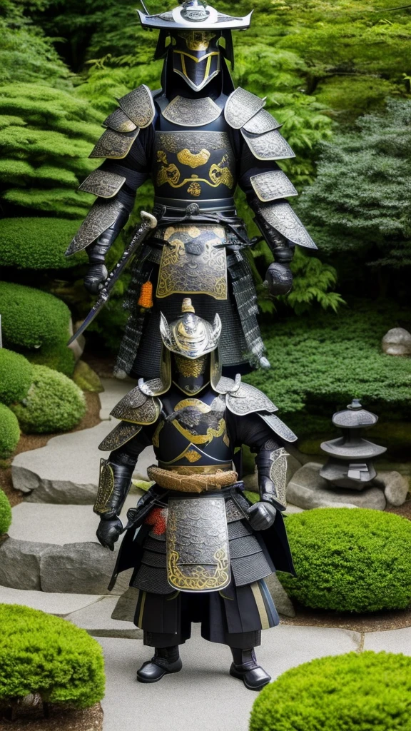 humanoid samurai dragon with iridescent scales, standing proudly in a traditional Japanese garden. The dragon is wearing a full set of samurai armor, including a helmet, plate, and greaves. It is wielding a katana in one hand and a shield in the other. The dragon's expression is fierceetermined, and its eyes are glowing with an inner fire. The garden is lush and green, with a variety of plants and flowers in bloom. A small stream flows through the garden, and a koi pond can be seen in the distance. The sun is shining brightly, and the sky is a clear blue.
--aspect 3:2
--width 1000
--height 1500
--quality high
