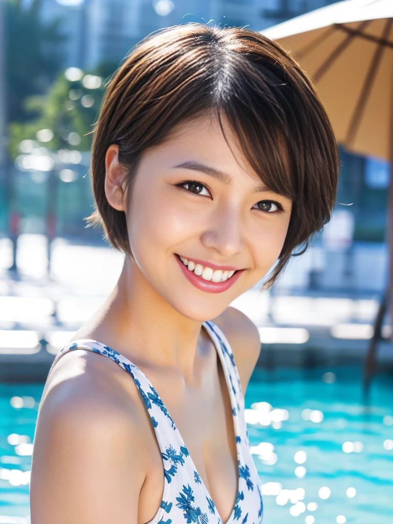 最high quality, masterpiece, High resolution, 1 personの女の子,1 person、Swimwear,Beautiful Face,Realistic, Rim Light,,(Skin with attention to detail:1.2), 8K Ultra HD, Soft lighting, high quality, High resolution, 4K, 8K, Big Breasts、Natural smile、hot spring、Small waist、sticking forward、積の小さいSwimwear、whole body、Shortcuts