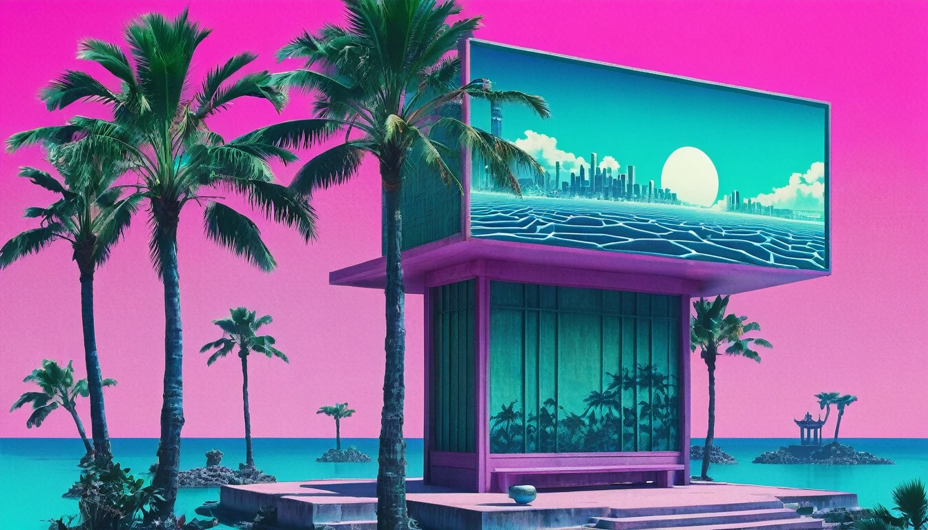 (vaporwave aesthetics:1.8)，futuristic city, English title，fantasy, matrix, desert, Ocean, Chinese pavilion,Close-up of retro 70s screen,coconut tree,24th century,Strong psychedelic colors and retro-future decadence,Distressing and stylization, illusory、collage、no order，dystopian、lo-fi、