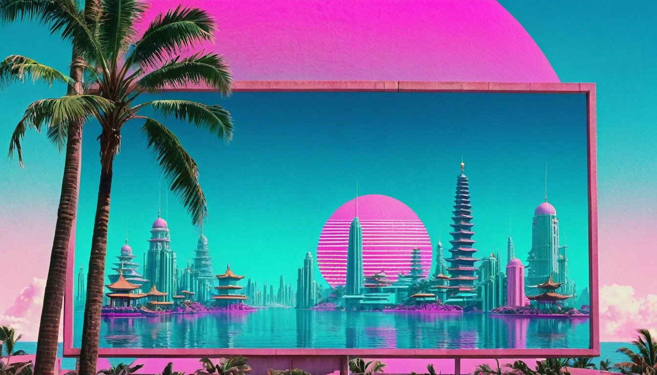 (vaporwave aesthetics:1.8)，futuristic city, English title，fantasy, matrix, desert, Ocean, Chinese pavilion,Close-up of retro 70s screen,coconut tree,24th century,Strong psychedelic colors and retro-future decadence,Distressing and stylization, illusory、collage、no order，dystopian、lo-fi、