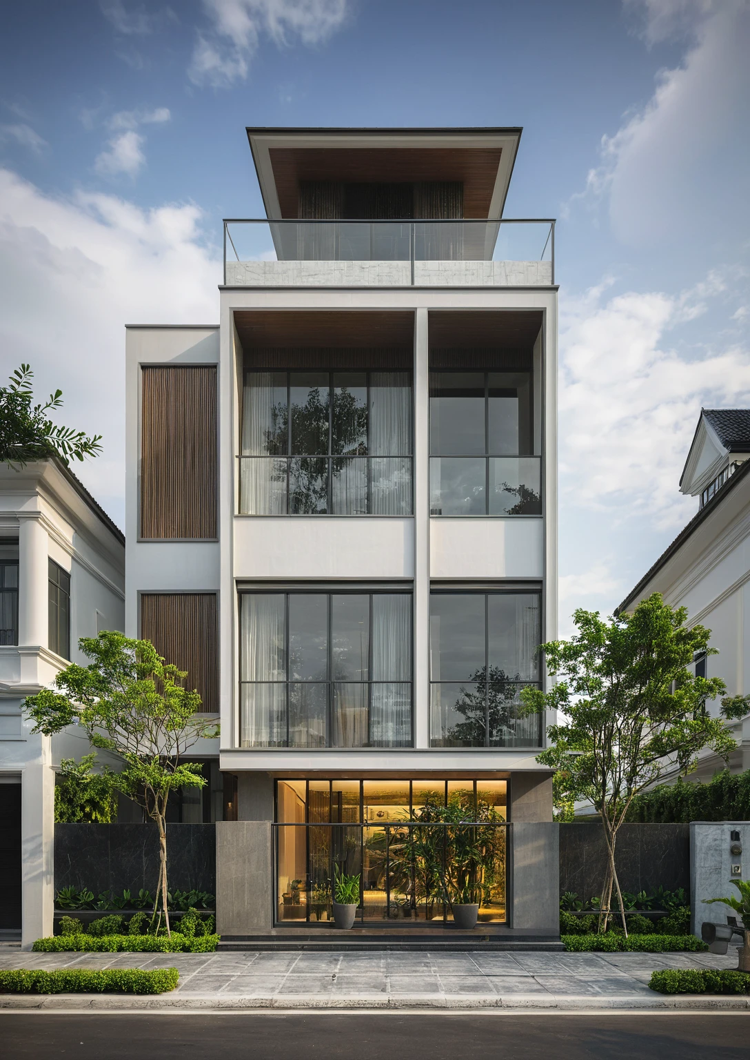 modern villa on street, (overcast lighting:1.2), tropical tree, vivid color, streetcapes, nice sky, grey and wwhite tone, (large glass door:1.2), warm interior lighting, modern material, best quality, ultra realistic, masterpiece, 17ArchiAI_XL_VL-v1
