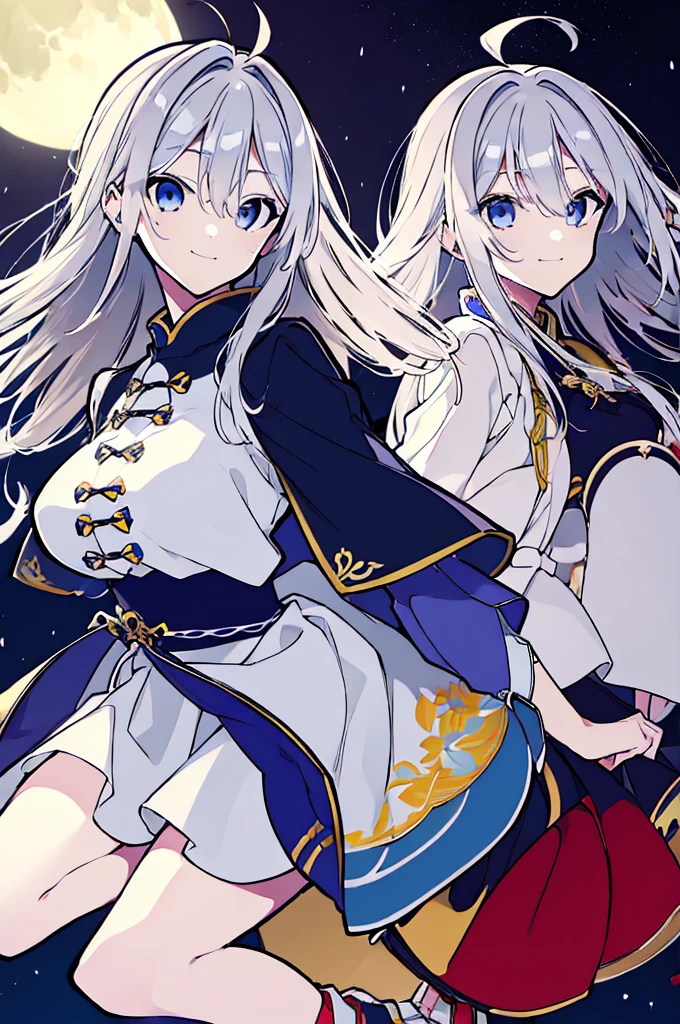 ((Pixiv)),(masterpiece_portrait),(game_cg),(Wuxia),(Fate/stay night),female_focus,looking_to_the_side,1girls,Japan,Iceland,samurai,curvy,sharp_face,very_long_hair,white_hair,blunt bangs,hair_between_eyes,cowlick,blue_eyes,large_breasts,smiling_face,Navy capelet,White china_dress,Blue Accessory,Moon Yellow Accessory,Blue tasuki,white tabi,Navy high_heel_boots