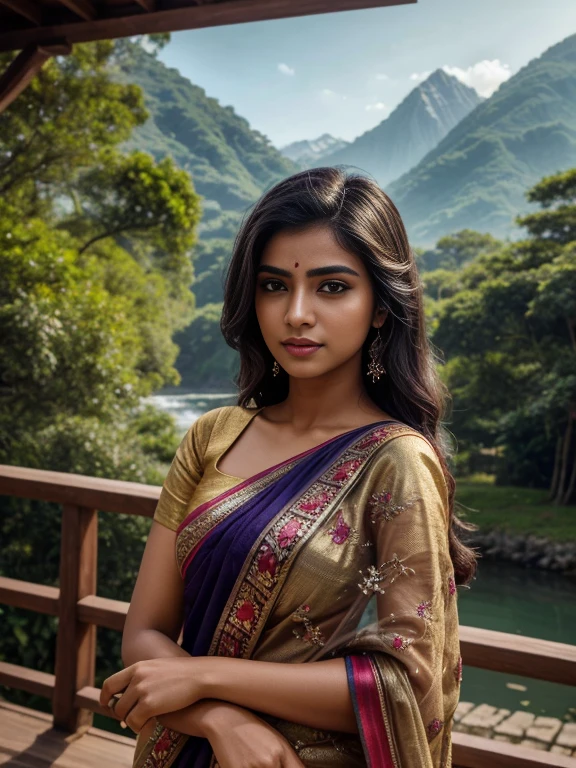 ultra-realistic photographs,Bangladeshi Instagram female model,mid 20s,9:16,mid-shot,beautiful detailed eyes,detailed lips,longeyelashes,black stylish hair, naturally full eyebrows,perfectly formed nose,expressive face,attractive appearance,candid photo,vibrant and colorful saree dress, heavily embroidered dress, mountain background, serene atmosphere,stunning architecture,soft and natural lighting,vivid colors,photorealistic,HDR,highres,studio lighting,ultra-detailed,bokeh