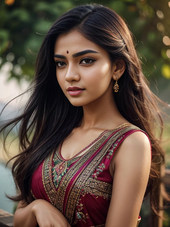 ultra-realistic photographs,Bangladeshi Instagram female model,mid 20s,9:16,mid-shot,beautiful detailed eyes,detailed lips,longeyelashes,black stylish hair, naturally full eyebrows,perfectly formed nose,expressive face,attractive appearance,candid photo,vibrant and colorful saree dress, heavily embroidered dress, mountain background, serene atmosphere,stunning architecture,soft and natural lighting,vivid colors,photorealistic,HDR,highres,studio lighting,ultra-detailed,bokeh