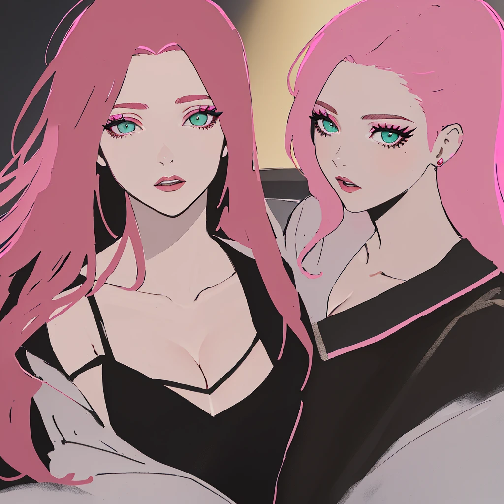 , (2girls:1.3), couple, blonde hair, pink hair, solo, long hair, light green eyes, mascara, makeup, kooking at viewer, collarbone, cleavage, forehead, very long hair, closed mouth, detailed eyes, (close up), gleaming skin, shiny glossy skin,