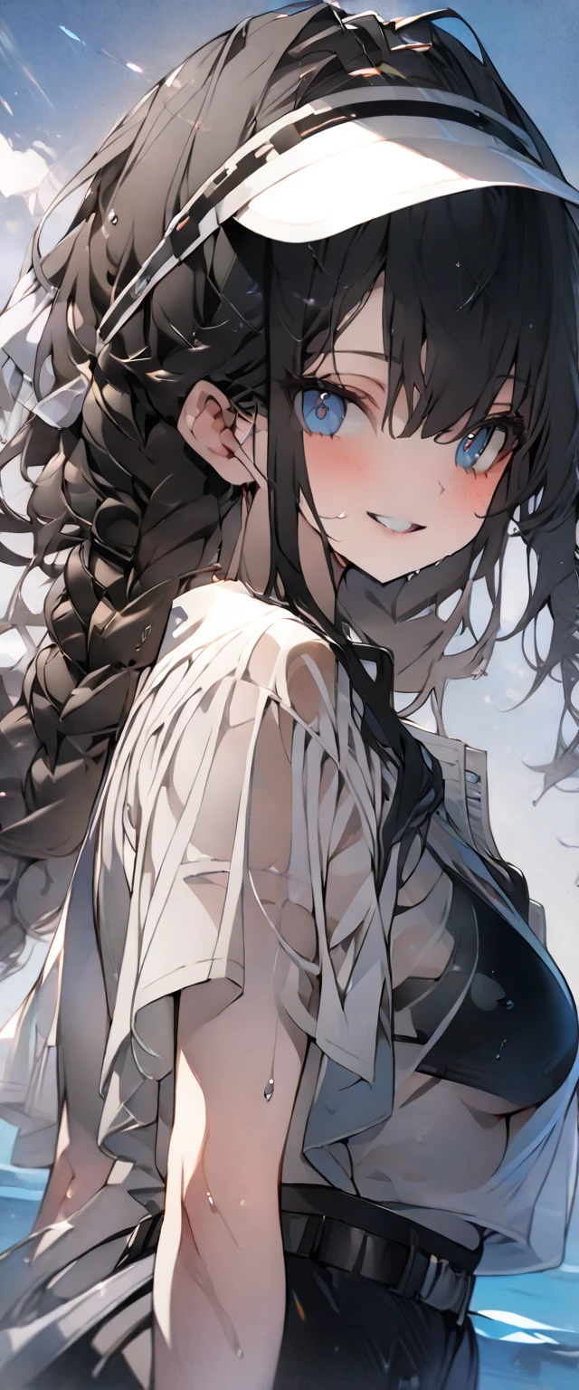 beautiful, masterpiece, Highest quality, anime, One girl,Portrait Shot, View your viewers, Covered、Long Hair、nearby、Blue Eyes、art、White hair,black streaked hair、Thighs、Braid、Wet Shirt、 Light black bikini、Pool、Bright、smile、See-through bikini、Lifesaver、Sun visor、belt